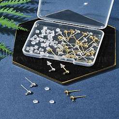 40個 2色 304ステンレススチールスタッドピアス金具  ループとプラスチック製のピアスキャッチ付き  ラウンド  ゴールデン＆シルバー  15x7x4mm  穴：1.7mm  ピン：0.8mm  20個/カラー&nbsp;STAS-FS0001-57