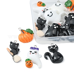 12 個 6 スタイルのハロウィーン不透明樹脂ペンダント  ハロウィンチャーム  プラチナトーンの鉄ループ付き  帽子をかぶった猫と幽霊とカボチャと幽霊  ミックスカラー  24~34.5x12~24x5.5~7mm  穴：2mm  2個/スタイル&nbsp;RESI-FS0001-33