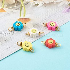 笑顔の花ポリマー粘土リンクコネクター  304ステンレススチールアイピン付き  合金デイジースペーサービーズ  ゴールドカラー  ミックスカラー  9~9.5x19~19.5x4.5~5mm  穴：2~2.5mm&nbsp;PALLOY-JF00715