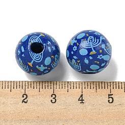 プリントウッドヨーロピアンビーズ  キャンドル模様の丸型  ダークブルー  15.5~16mm  穴：4~4.5mm&nbsp;WOOD-G022-15A