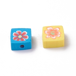 手作り樹脂粘土ビーズ  花のパターンと正方形  ミックスカラー  10x10x4.5mm  穴：2mm&nbsp;CLAY-I010-11