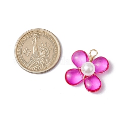 銅線で巻かれたガラスのペンダント  花  プラスチック模造パールと  ミックスカラー  24x21.5x11.5mm  穴：2.5mm&nbsp;PALLOY-JF03440