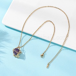 Brass Macrame Pouch Natural Amethyst Inside & 304 Stainless Steel Pendant Necklaces for Women&nbsp;NJEW-JN05607-03