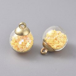 ガラスボールペンダント  星のグリッタースパンコールと金メッキのccbプラスチックカップヒートンキャップ  ラウンド  きいろ  20.5x15mm  穴：2.5mm&nbsp;GLAA-WH0015-26M
