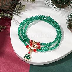 ファセットガラスビーズストレッチラップブレスレット  クリスマスツリー合金エナメルチャームブレスレット女性用  グリーン  内径：2-1/8インチ（5.5cm）&nbsp;BJEW-TA00515