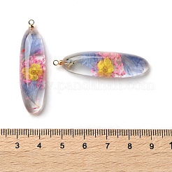 内側のドライフラワー透明樹脂ペンダント  真鍮のパーツと  楕円形のチャーム  ライラック  43.5x12x8mm  穴：1.8mm&nbsp;RESI-A043-01A
