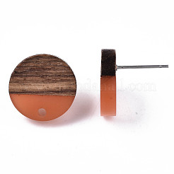 レジン＆ウォールナットウッドスタッドピアスのパーツ  304ステンレスピン付き  フラットラウンド  サンゴ  15mm  穴：1.8mm  ピン：0.7mm&nbsp;MAK-N032-008A-A01