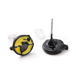 スチールピン付きアロイフラットラウンドスタッドピアス  女性のためのハロウィンジュエリー  きいろ  8.5x10mm  ピン：0.7mm&nbsp;EJEW-E143-13
