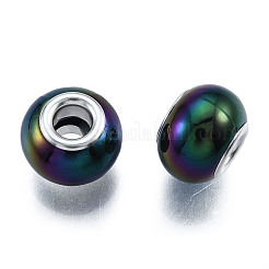 大穴アクリルヨーロピアンビーズ  シルバーカラーメッキの鉄製ダブルコア付き  ロンデル  ミックスカラー  14x10mm  穴：5mm&nbsp;PACR-N014-020