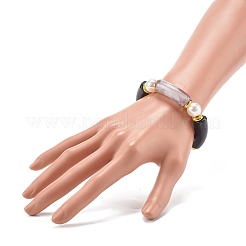 女性のための分厚いアクリルカーブチューブビーズストレッチブレスレット  プラスチックパールビーズ＆真鍮ビーズブレスレット  ゴールドカラー  ブラック  内径：2インチ（5.1cm）&nbsp;BJEW-JB06993-02