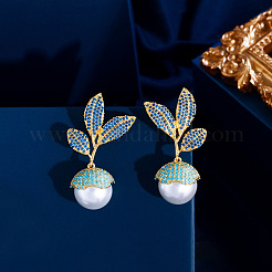 Leaf with Round Brass Micro Pave Cubic Zirconia Dangle Stud Earrings&nbsp;FS-WG7F411-01
