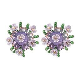 花の手作りガラスシードビーズスタッドピアス  アクリルビーズキャップ付き  プラチナ  スミレ  27.5x26mm&nbsp;EJEW-MZ00656-03