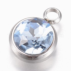 ガラスチャーム  多面カット  304ステンレススチール製金具付き  フラットラウンド  ライトブルー  14x10x6.5mm  穴：2.5mm&nbsp;GLAA-G019-P04