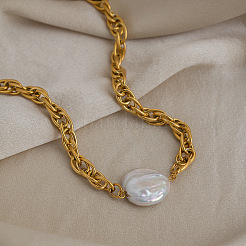 Baroque Natural Freshwater Pearl Keshi Pearl Coin Pendant 304 Stainless Steel Rope Chain Necklaces for Women&nbsp;NE6106