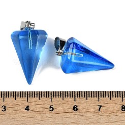 塗装ガラスペンダントスプレー  プラチナ鉄ループ付き  コーン  ブルー  26.5x15.5x13.5mm  穴：7.5mm&nbsp;GLAA-Z007-03D