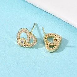 真鍮製マイクロパヴェクリアキュービックジルコニアハートスタッドピアス  長持ちするプレート  ラックめっき  鉛フリー＆カドミウムフリー  18KGP本金メッキ  9x10.5mm&nbsp;EJEW-F400-28B-G