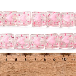 バレンタインデー手作りランプワークエナメルビーズ連売り  手描きのビーズ  ハートの正方形  パールピンク  14~15x14~15x7~8mm  穴：1.2mm  約25個/連  14.5インチ&nbsp;LAMP-A001-D04-1