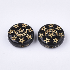 メッキアクリルビーズ  ライン入り  月と星のフラットラウンド  ブラック  13x5mm  穴：1.5mm  約895個/500g&nbsp;PACR-T008-03