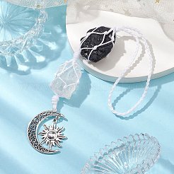 ナゲット 天然トルマリン＆水晶ポーチペンダント装飾  合金の月と太陽のチャームと編組ナイロン糸の車用吊り下げ装飾品  230~235mm&nbsp;HJEW-JM01925-02