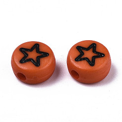 不透明なアクリルビーズ  エナメル  ハート＆スター＆ムーン＆フラワーのフラットラウンド  ダークオレンジ  7x4mm  穴：1.5mm&nbsp;X-MACR-N008-33C