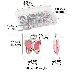 45 個 9 色のガラスチャーム  蝶  真鍮パーツ  長持ちメッキ  ミックスカラー  8.5x7x2mm  穴：1mm  5個/カラー&nbsp;KK-FS0001-67