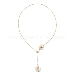Adjustable Brass Shell Pearl Beaded Flower Pendant Lariat Necklaces&nbsp;NJEW-JN06496