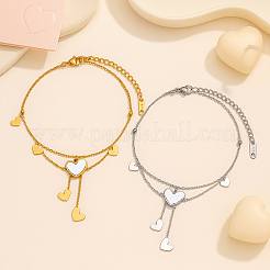 2Pcs 2 Colors Heart Stainless Steel & Shell Anklets&nbsp;AJEW-GO0002-56