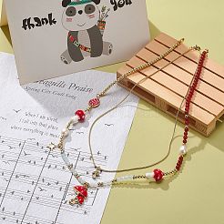 2 個 2 スタイル合金エナメル マッシュルーム ペンダント ネックレス セット  女性のための天然真珠と混合石のビーズの積み重ね可能なネックレス  ゴールドカラー  17.72~20.47インチ（45~52cm）  1個/スタイル&nbsp;NJEW-JN04095