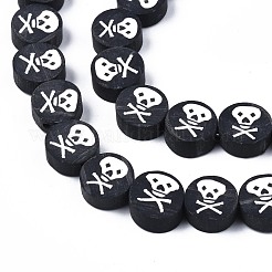手作り樹脂粘土ビーズ連売り  ハロウィンスタイル  頭蓋骨とフラットラウンド  ブラック  9x4mm  穴：1.2mm  約40個/連  14.96インチ（38cm）&nbsp;CLAY-S096-034