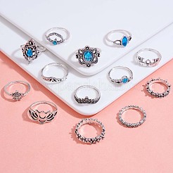 13Pcs 13 Style Aquamarine Rhinestone Tortoise & Elephant & Lotus & Crown Finger Rings Set&nbsp;JR939A