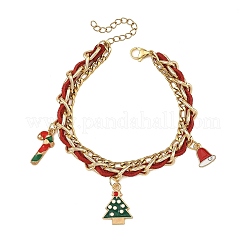 Alloy Enamel Christmas Tree Hat Candy Cane Charm Faux Suede Cord 304 Stainless Steel Woven Chain 2-Strand Bracelets&nbsp;BJEW-TA00763