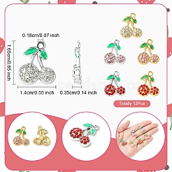 12 個 6 色ラックメッキ合金ペンダント  ラインストーン付き  チェリー  プラチナ·ゴールデン  16.5x14x3.5mm  穴：1.8mm  2個/カラー&nbsp;FIND-FS0003-11
