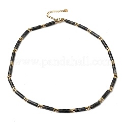 Natural Larvikite & Synthetic Non-magnetic Hematite Column Beaded Necklaces with 304 Stainless Steel End Chains&nbsp;NJEW-K301-01C