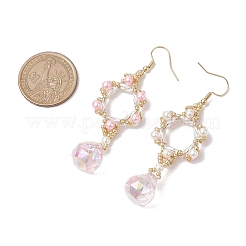 ガラスダングルピアス  アクリル模造真珠ビーズと304ステンレススチールのイヤリングワイヤー付き  花  ピンク  71x23mm&nbsp;EJEW-MZ00255-01
