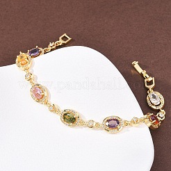 オーバル真鍮マイクロパヴェキュービックジルコニアリンクチェーンブレスレット（女性用）  18KGP本金メッキ  ラックめっき  長持ちメッキ  カドミウムフリー＆鉛フリー  カラフル  7-1/4インチ（18.5cm）&nbsp;BJEW-D387-04G-06