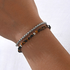 Natural Tiger Eye Round Beaded 2-Strand Bracelets with 201 Stainless Steel Box Chains for Men Women&nbsp;EI8345-1
