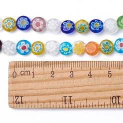 フラットラウンド手作りミッレフィオーリガラスビーズ  ミックスカラー  8x3mm  穴：0.5mm  約48個/連  14.1インチ&nbsp;LK-R004-54