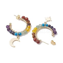 Moon & Star Chakra Faceted Round Gemstone Dangle Half Hoop Earrings&nbsp;EJEW-JE05898