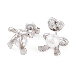 女性用304ステンレススチールスタッドピアス  腹筋模造真珠の蝶結び  プラチナ  10x11.5mm&nbsp;EJEW-A049-19P