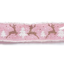 クリスマステーマのワイヤーリネンリボン  毛羽立ったエッジのリボン  鹿とクリスマスツリーのプリント  ピンク  2-1/2インチ（65mm）  約10.94ヤード（10m）/ロール&nbsp;OCOR-G013-01A