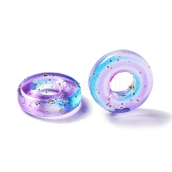 透明なスプレー塗装ガラスビーズ  大穴ビーズ  金色の箔付き  ドーナツ  ライラック  10x3mm  穴：4mm&nbsp;X-GLAA-N035-04A
