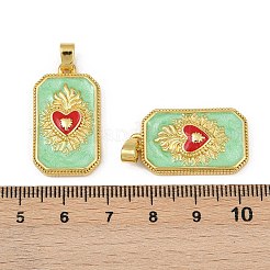 真鍮製エナメルペンダント  長持ちメッキ  鉛フリー＆カドミウムフリー  ラックめっき  ゴールドカラー  聖なるハートのハートチャームが付いた長方形  ダークシーグリーン  27.5x15.5x4mm  穴：5.5x3.5mm&nbsp;KK-L190-008G-02
