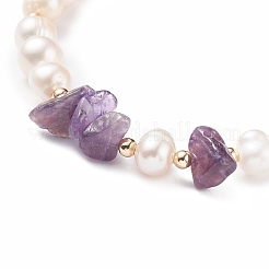 Natural Amethyst & Pearl Beaded Bracelet with Alloy Enamel Heart Charms&nbsp;BJEW-JB08039-03