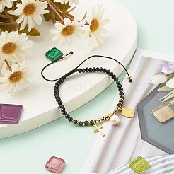 天然マレーシアジェイド (染色) & パール編組ビーズ ブレスレット 女の子 女性用  クロス＆オーバル 304 ステンレススチール チャーム ブレスレット  ゴールドカラー  ブラック  内径：2-1/8インチ（5.4~9cm）&nbsp;BJEW-JB06958-02