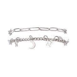 304ステンレススチールのペーパークリップとフィガロチェーンのブレスレット（女性用）  ムーン  7-3/8インチ（18.8cm）  2個/セット&nbsp;BJEW-JB12445-02