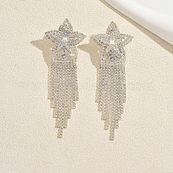 女性用真鍮ラインストーンスタッドピアス  スター  タッセルピアス  銀  96x33mm&nbsp;QC2926