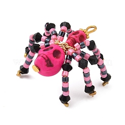 ハロウィーンをテーマにした染色された合成ターコイズとガラスシードビーズペンダント  スカルスパイダーチャーム  濃いピンク  32x32x18mm  穴：3x2.5mm&nbsp;PALLOY-MZ00774-01