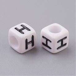 6mm白い文字のアクリルキューブのビーズ  水平穴  文字h  サイズ：幅さ約6mm  長さ6mm  高差6mm  穴：3.2mm  約300個/50g&nbsp;X-PL37C9308-H