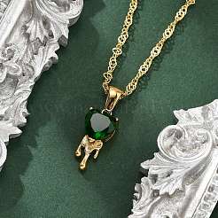 女性用304ステンレススチール製グリーンキュービックジルコニアペンダントネックレス  18KGP本金メッキ  ハート  15.94インチ（40.5cm）&nbsp;NJEW-C078-01C-G