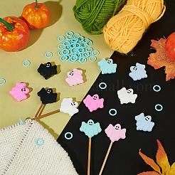 ハロウィンゴーストの食品グレードの環境に優しいシリコンビーズ12個、プラスチック編みステッチマーカーリング6個付き。  ミックスカラー  50mm  穴：11.5~30x2x1~9.5mm&nbsp;SIL-BC0001-10